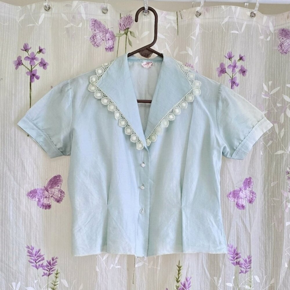1950s Blouse 50s Vintage Shirt Light Blue Small Lace Sailor Button Up Top 1940s